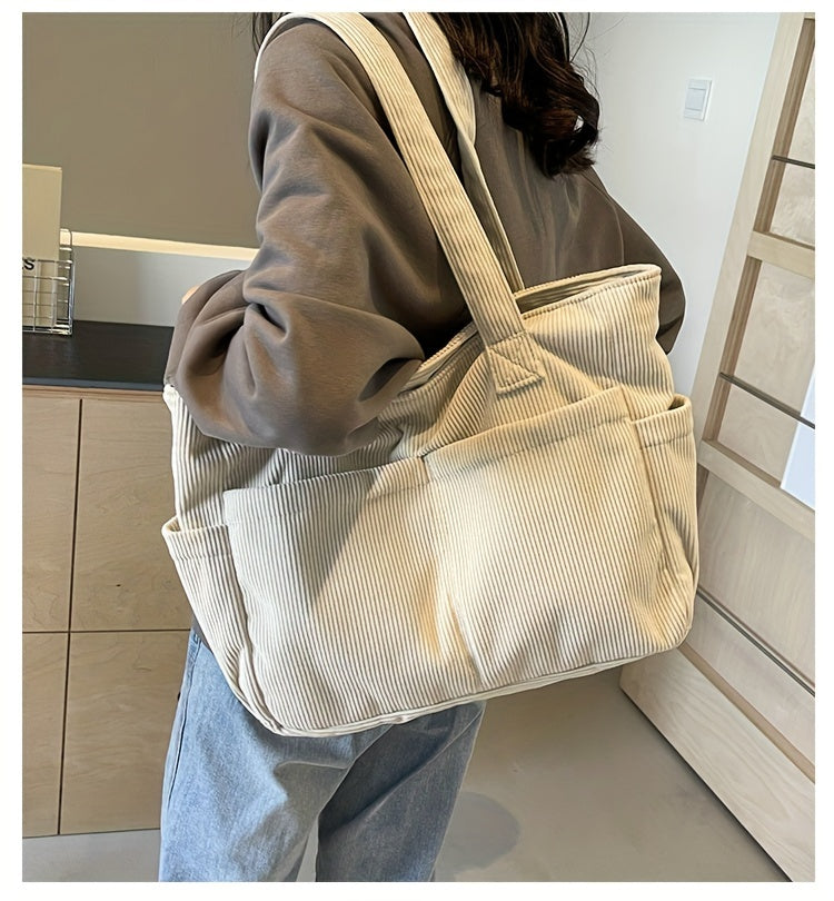 Women’s Corduroy Striped Tote Bag – Large Capacity Shoulder Handbag