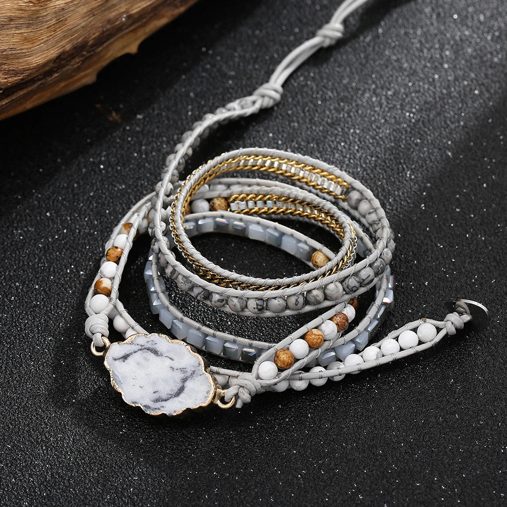 Leather Wrap Bracelet – 5-Strand Dalmatian Stone Handwoven