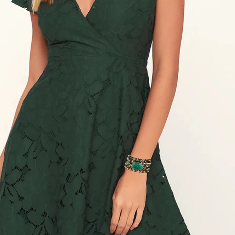 Green Stone Wrap Bracelet – Genuine Leather Handwoven