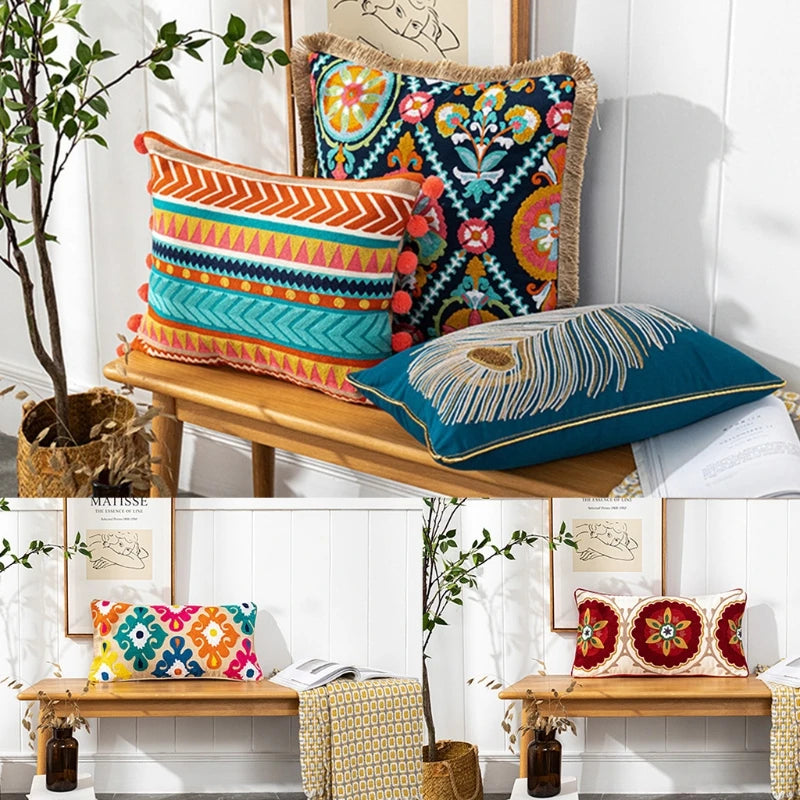 Vintage Boho Tufted Lumbar Pillow Cover – Embroidered