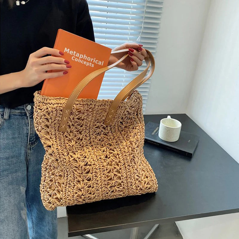 Fashion Straw Woven Large Capacity Shoulder Shopping Bag Women Vacation Beach Handbag Purse Bohemia Rattan Knitted Tote For Lady