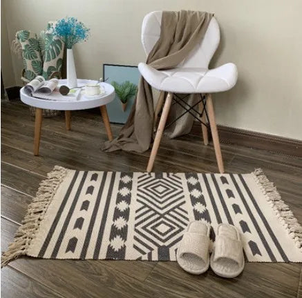 Boho Nordic Black White Geometric Cotton Linen Rug