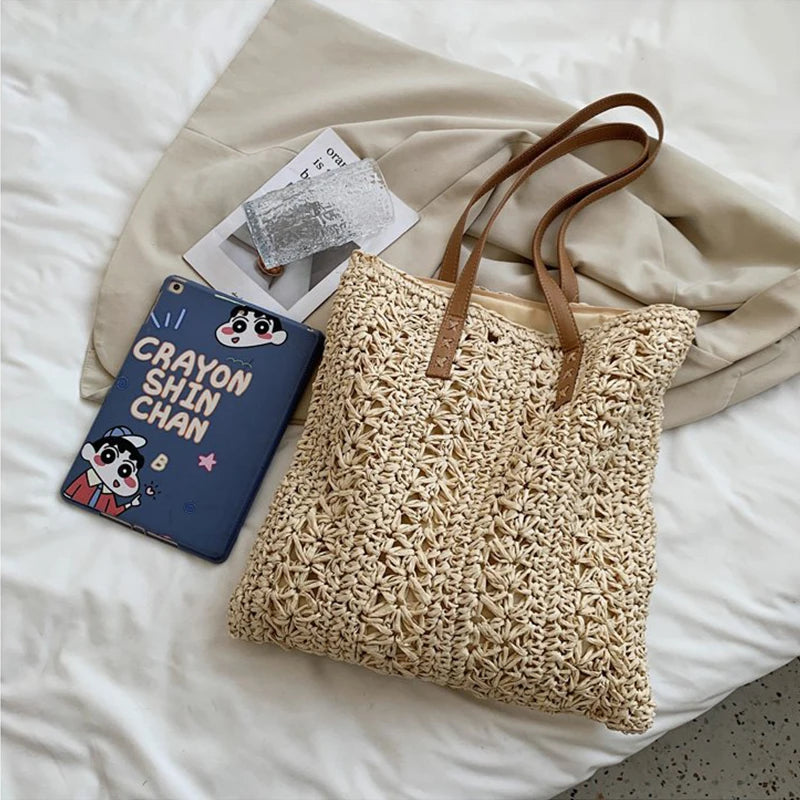 Fashion Straw Woven Large Capacity Shoulder Shopping Bag Women Vacation Beach Handbag Purse Bohemia Rattan Knitted Tote For Lady