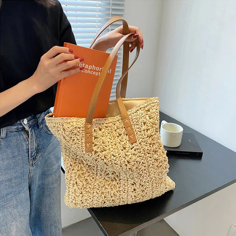 Fashion Straw Woven Large Capacity Shoulder Shopping Bag Women Vacation Beach Handbag Purse Bohemia Rattan Knitted Tote For Lady
