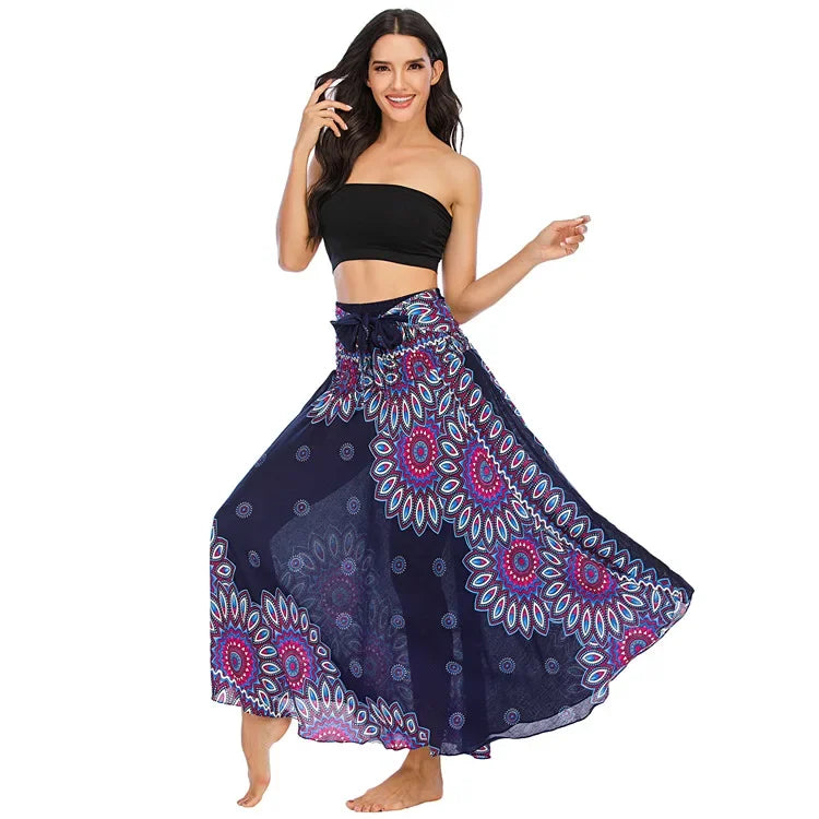 Women’s Boho Floral Long Skirt – Elastic Waist Casual Faldas
