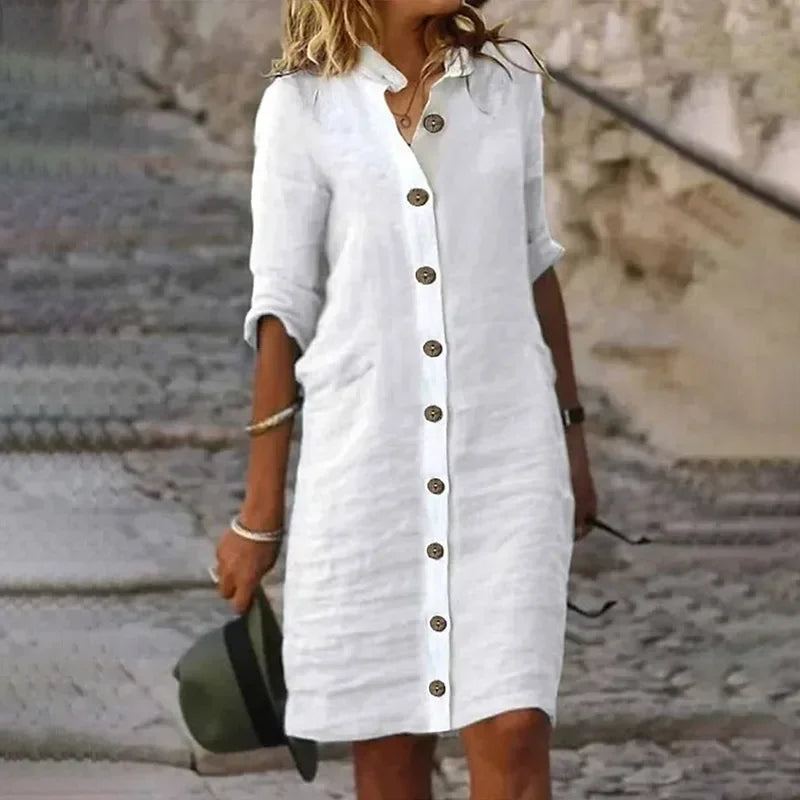 Women’s Solid Button-Up Long Sleeve Shirt Dress