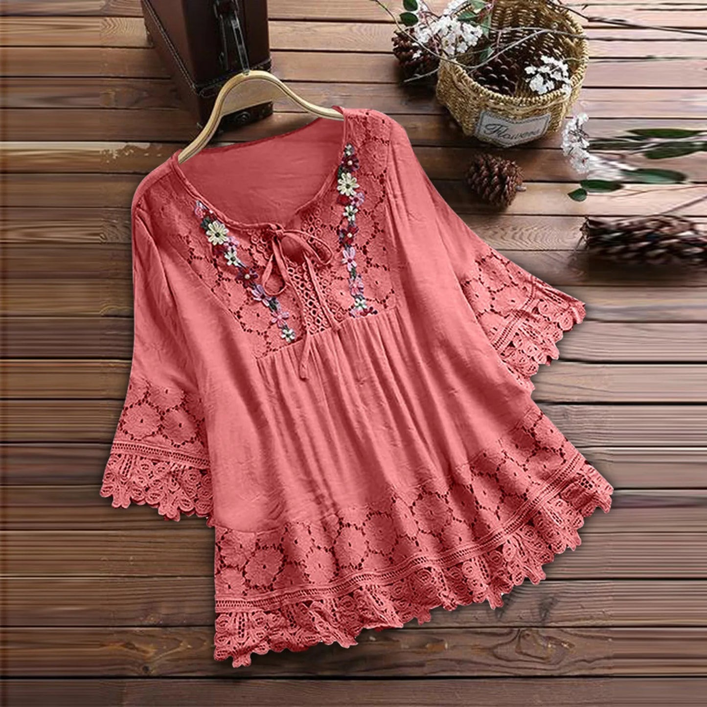 Women’s Summer V-Neck Blouse – Lace Patchwork with Bow