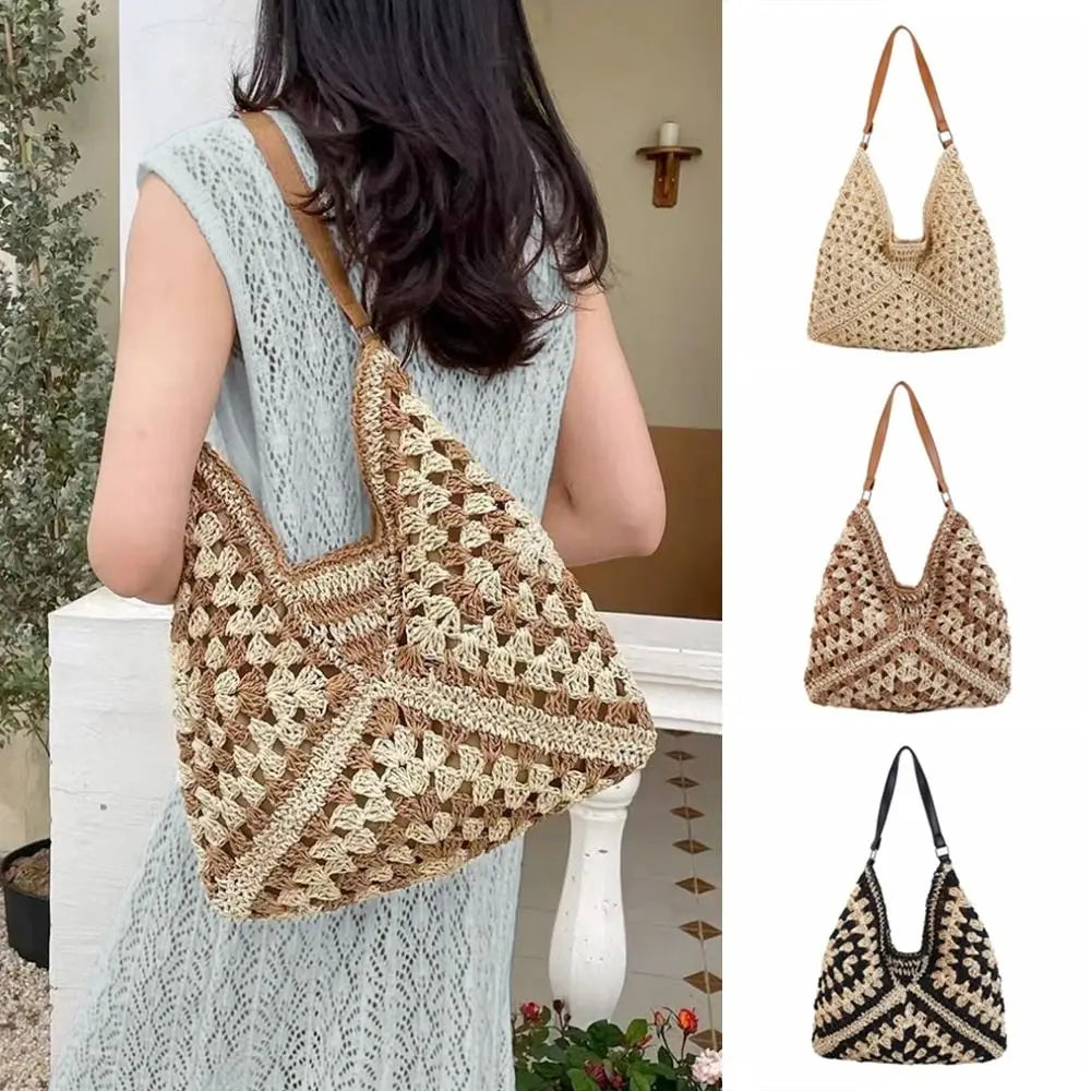 Women’s Summer Straw Crochet Shoulder Bag – Casual Beach Travel Handbag