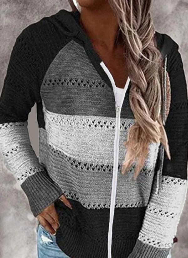 Women’s Striped Hooded Zipper Knit Cardigan