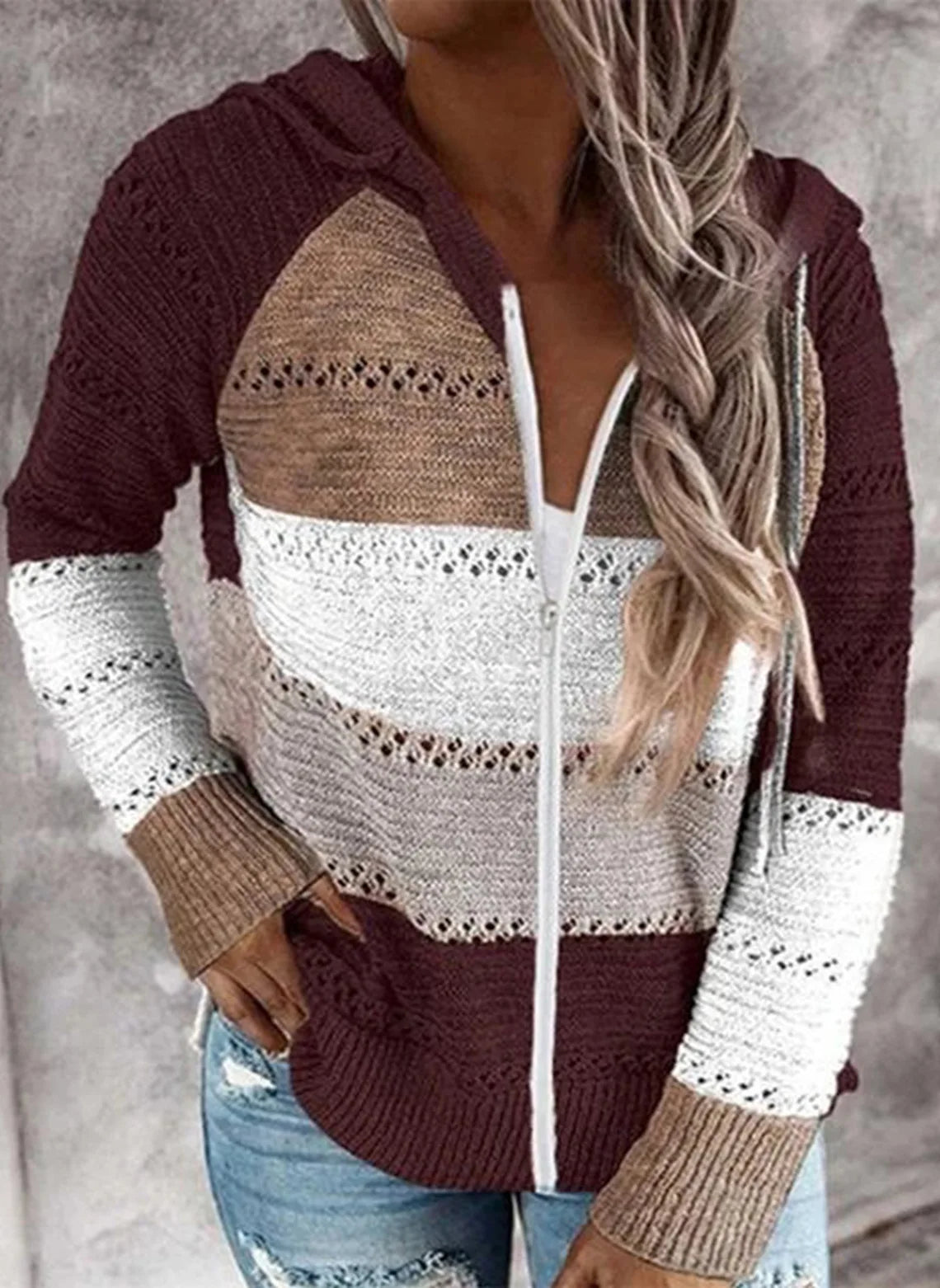 Women’s Striped Hooded Zipper Knit Cardigan