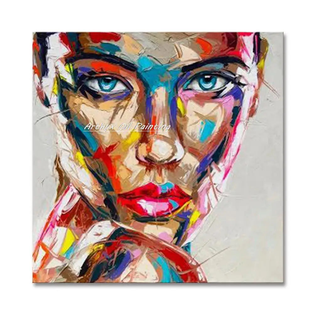 Hand-Painted Abstract Face Oil Painting on Canvas – Modern Wall Art for Living Room