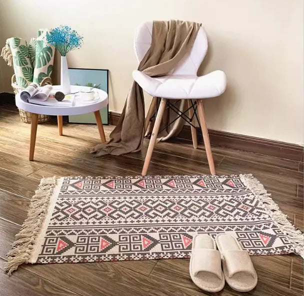 Boho Nordic Black White Geometric Cotton Linen Rug
