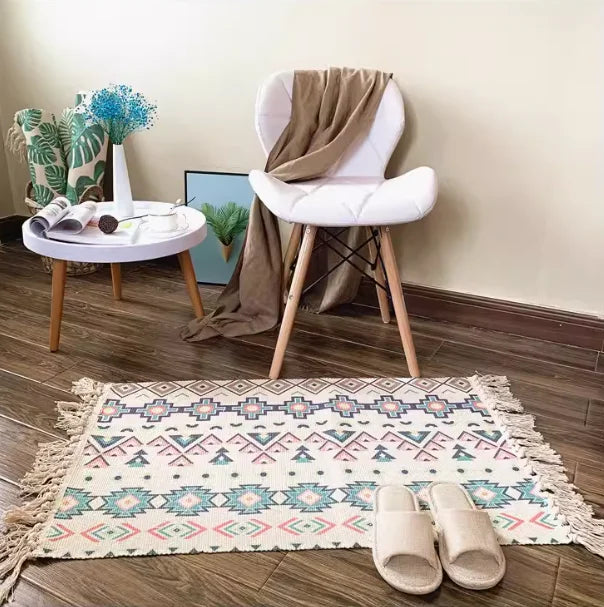 Boho Nordic Black White Geometric Cotton Linen Rug