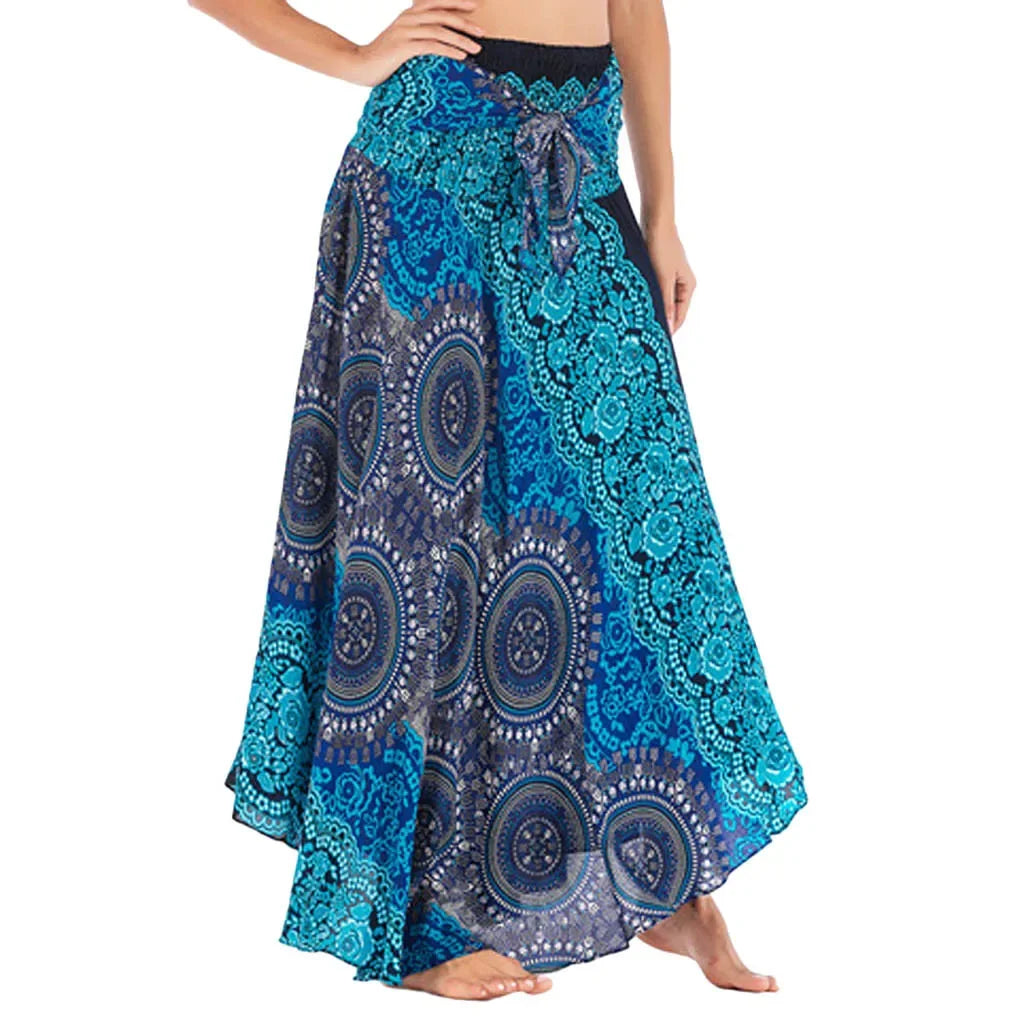 Women’s Boho Floral Long Skirt – Elastic Waist Casual Faldas