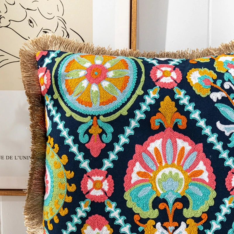 Vintage Boho Tufted Lumbar Pillow Cover – Embroidered