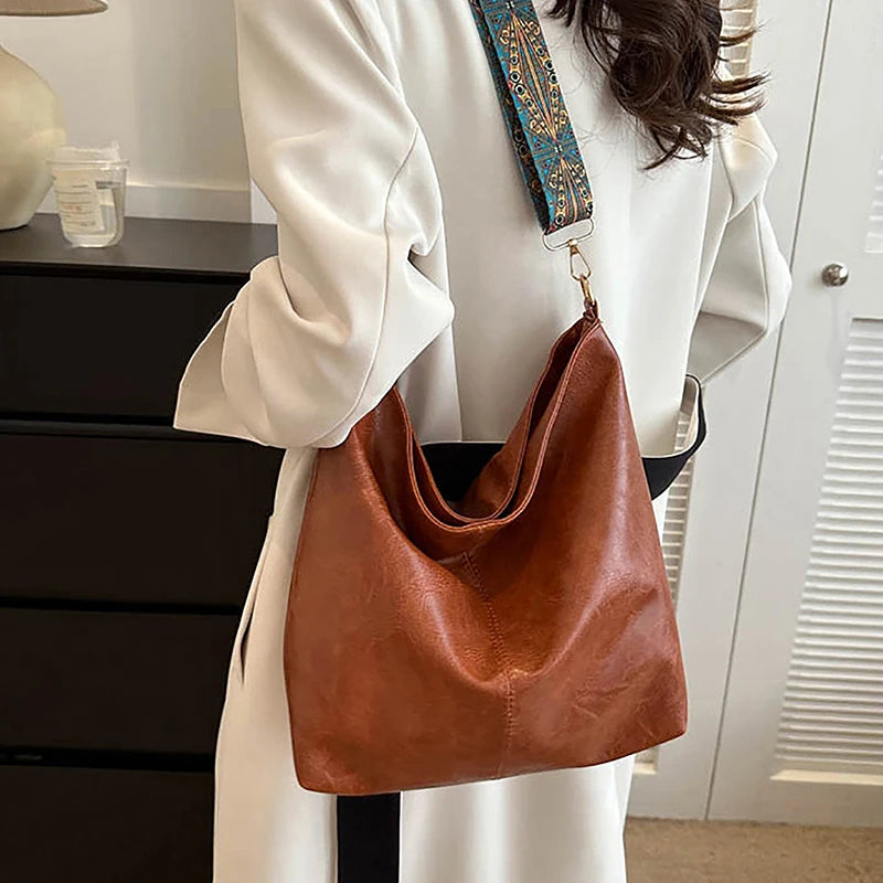 Women PU Leather Vintage Solid Color High-Capacity Simple Wide Strap Bucket Crossbody Bag