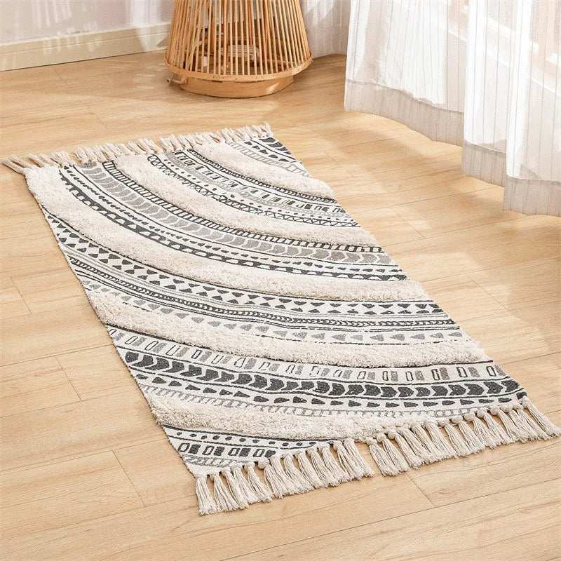Pure Hand-Woven Tufted Cotton-Linen Floor Mat – Elegant Plaid Design