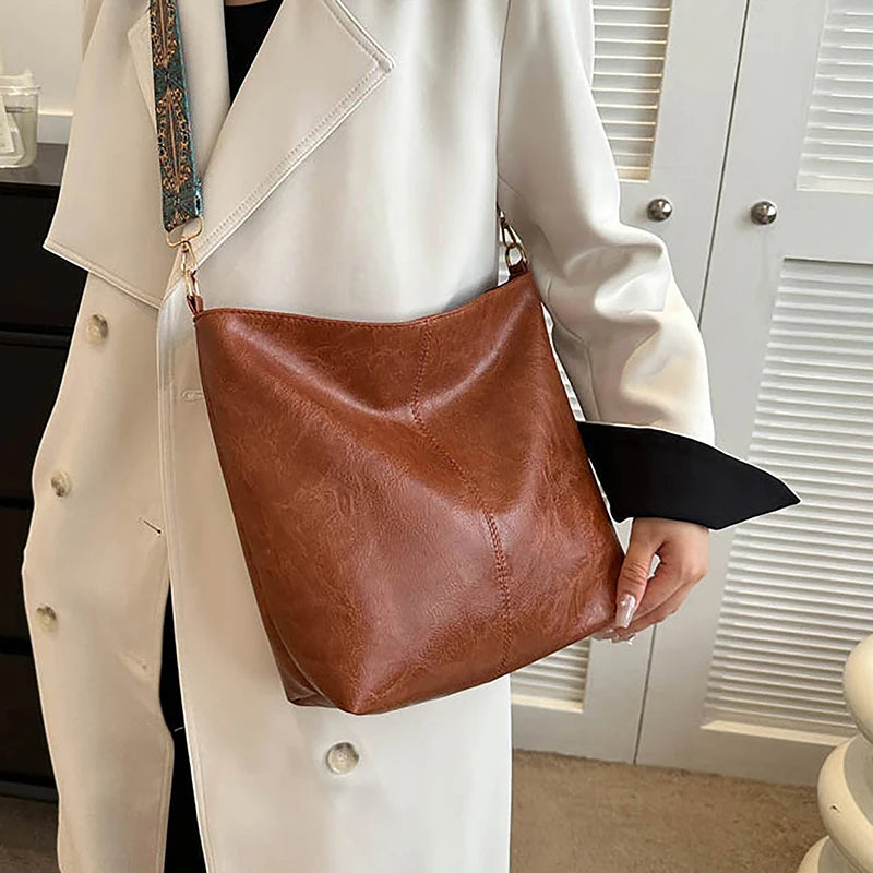 Women PU Leather Vintage Solid Color High-Capacity Simple Wide Strap Bucket Crossbody Bag