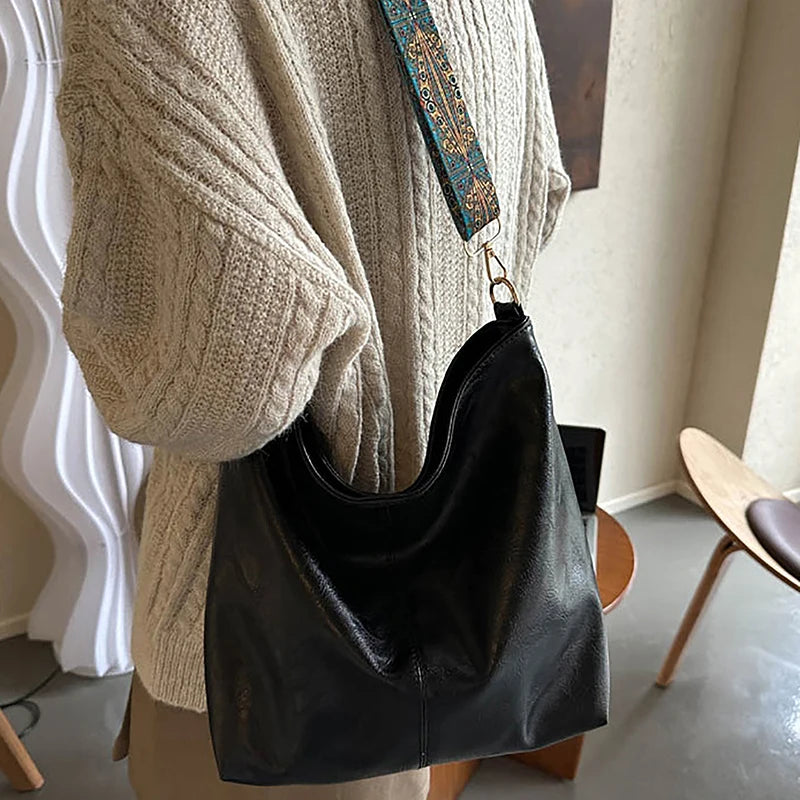 Women PU Leather Vintage Solid Color High-Capacity Simple Wide Strap Bucket Crossbody Bag