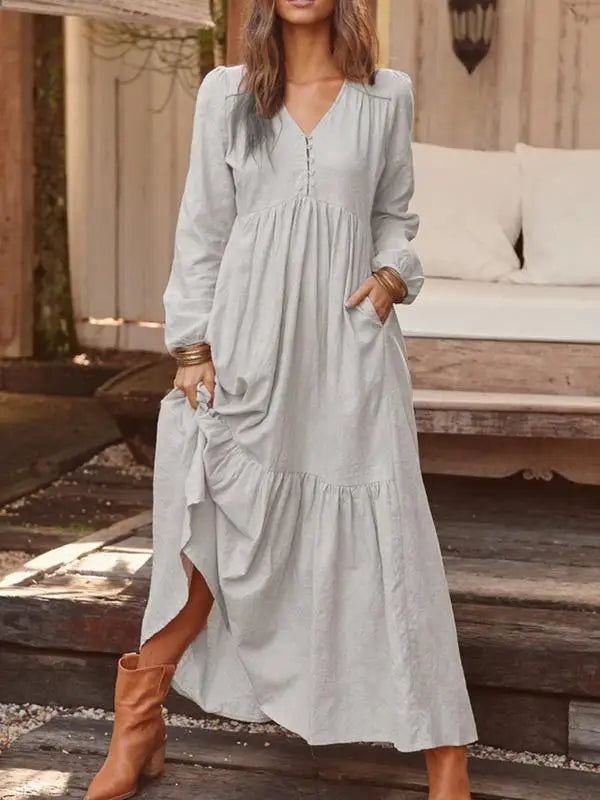 Women’s Cotton Linen Button-Up Dress – Retro Long Sleeve Casual