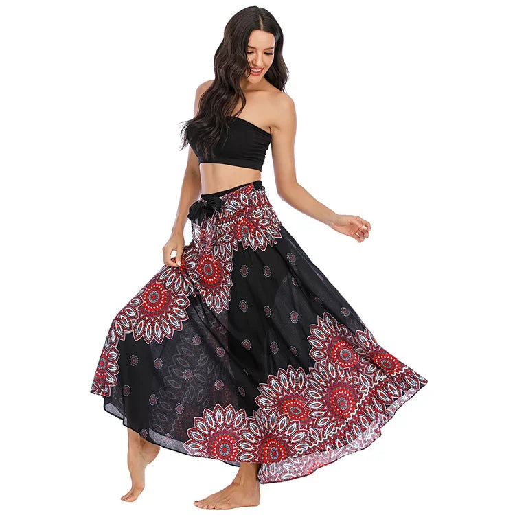 Women’s Boho Floral Long Skirt – Elastic Waist Casual Faldas