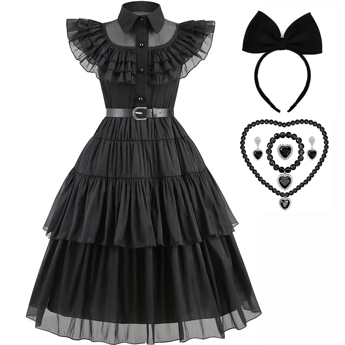 Halloween Hot American TV Series Black Wen. Girl Cosplay Horror Dress Set Easter Party Clothing +Fake hands + Sock Set 3-10Y