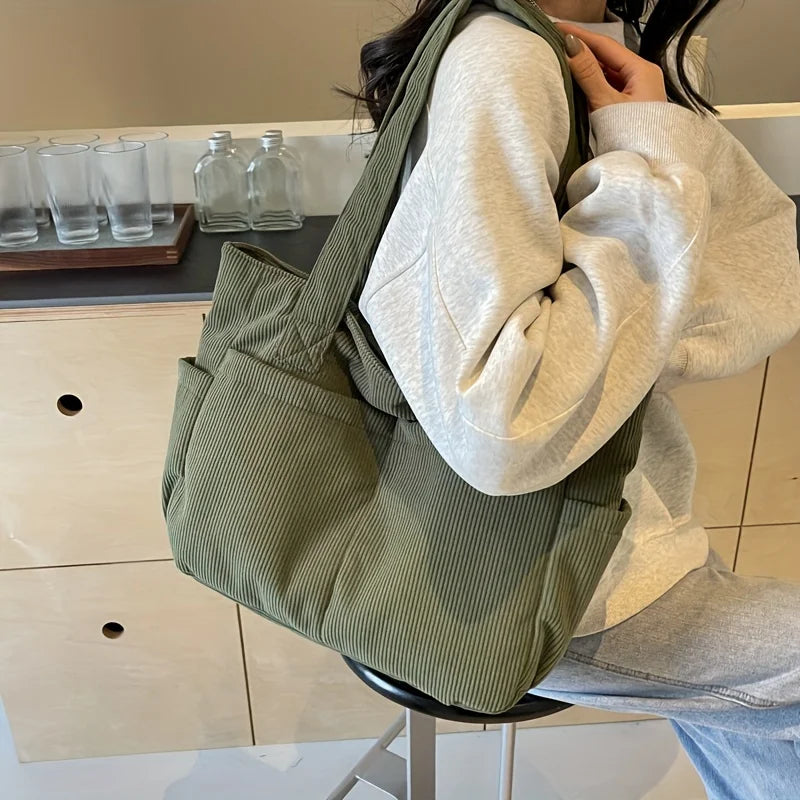 Women’s Corduroy Striped Tote Bag – Large Capacity Shoulder Handbag