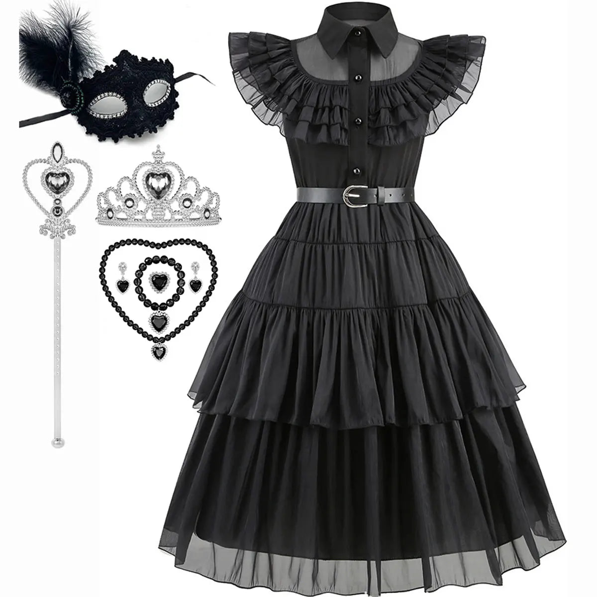 Halloween Hot American TV Series Black Wen. Girl Cosplay Horror Dress Set Easter Party Clothing +Fake hands + Sock Set 3-10Y