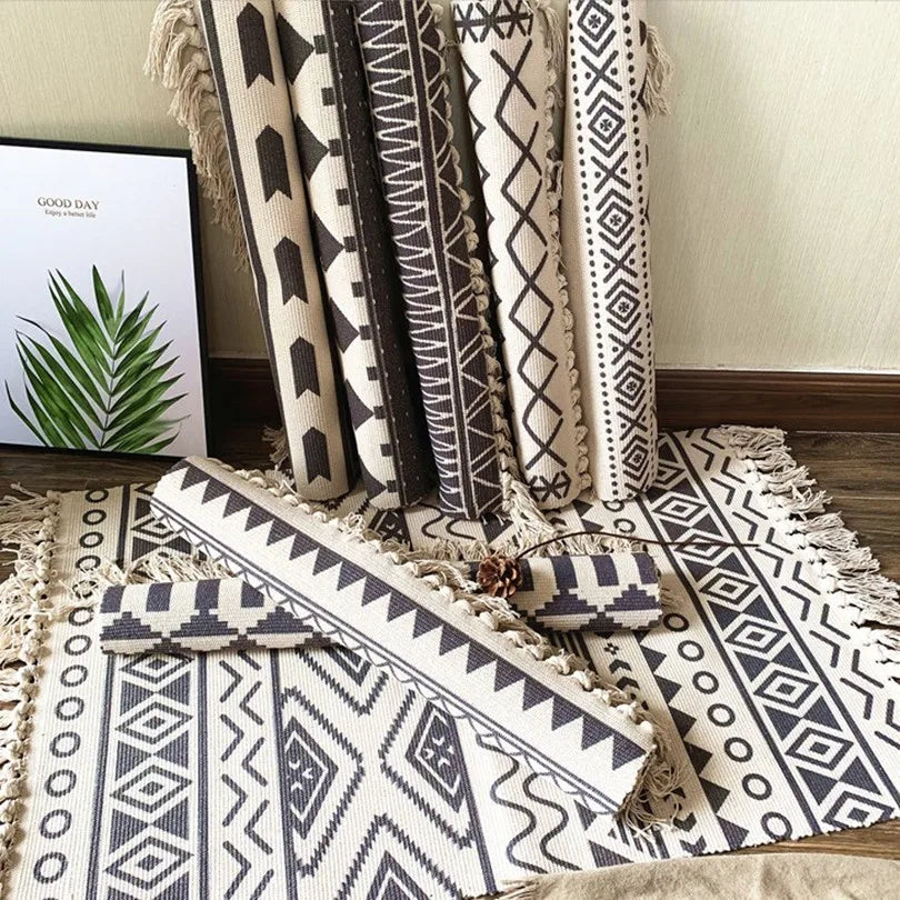 Boho Nordic Black White Geometric Cotton Linen Rug