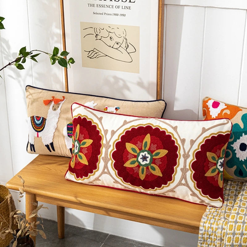 Vintage Boho Tufted Lumbar Pillow Cover – Embroidered