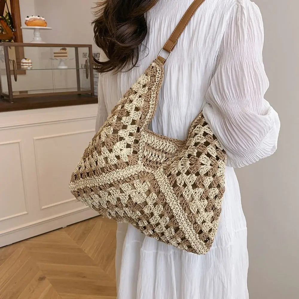 Women’s Summer Straw Crochet Shoulder Bag – Casual Beach Travel Handbag