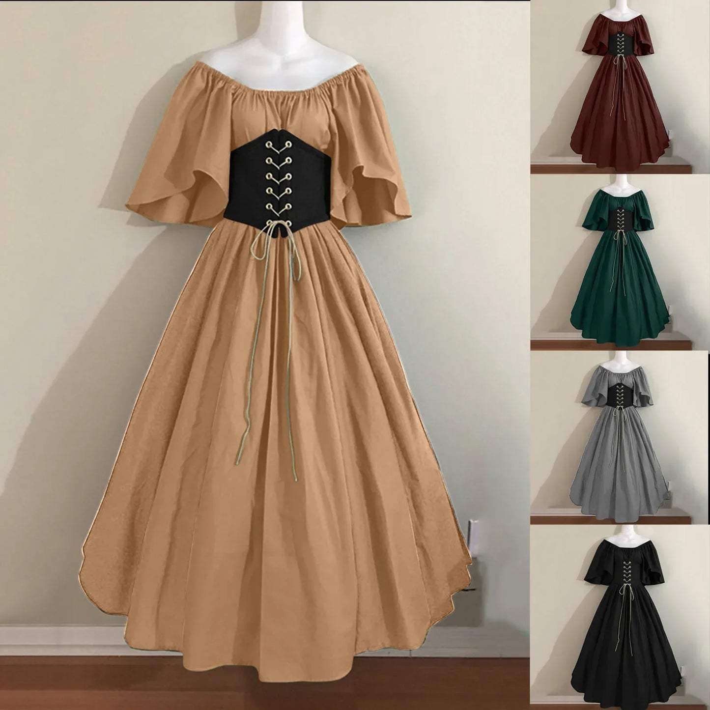 Halloween Costumes for Women Medieval Retro Contrasting Color Slim Swing Dress One-word Shoulder Dress Love Live Cosplay