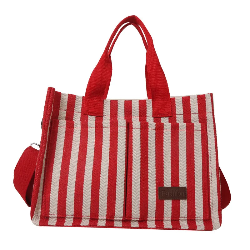Women’s Striped Canvas Shoulder Bag – Trendy Large Capacity Crossbody Tote