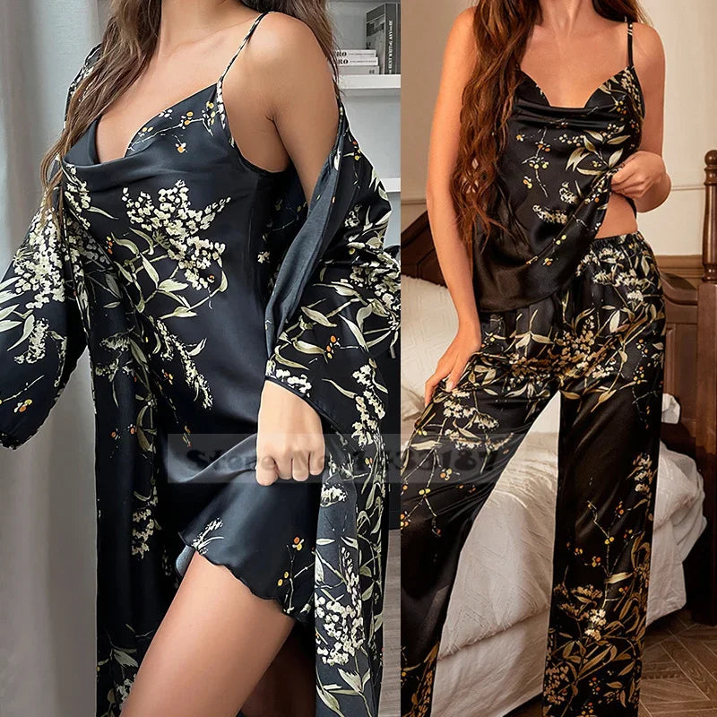 Women’s 4-Piece Satin Pajama Set – Cherry Blossom Kimono, Nightgown & Pants Sleepwear