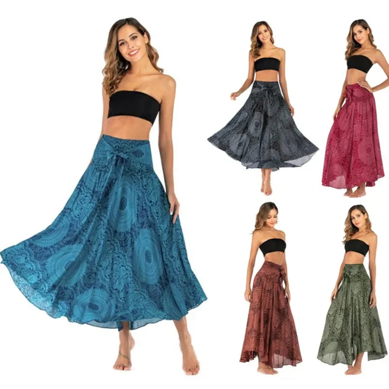 Women’s Boho Floral Long Skirt – Elastic Waist Casual Faldas