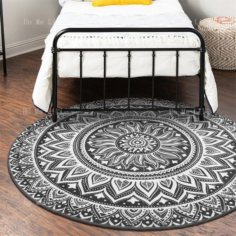 Mandala Round Carpet Modern Flannel Washable Round Mat Non-Slip Interior Bohemian Grey Office Rug