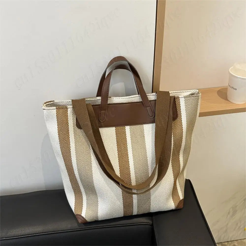 Women’s Striped Canvas Hobo Shoulder Bag – Zipper Bucket Tote for Daily & Travel Use