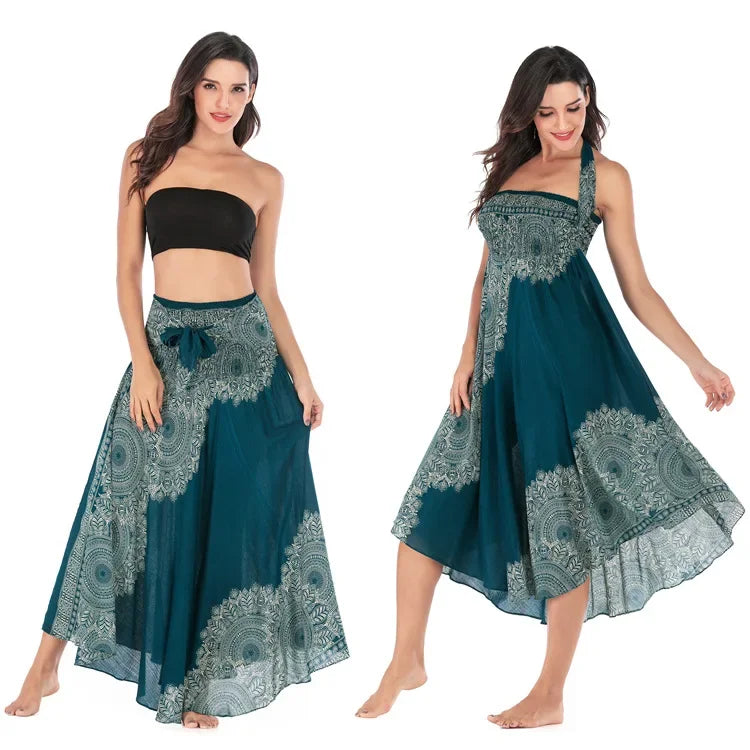 Women’s Boho Floral Long Skirt – Elastic Waist Casual Faldas