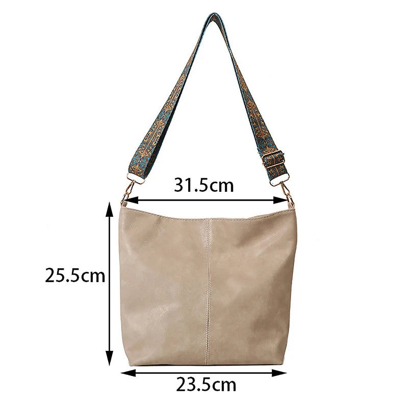 Women PU Leather Vintage Solid Color High-Capacity Simple Wide Strap Bucket Crossbody Bag