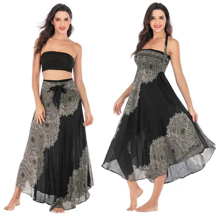Women’s Boho Floral Long Skirt – Elastic Waist Casual Faldas