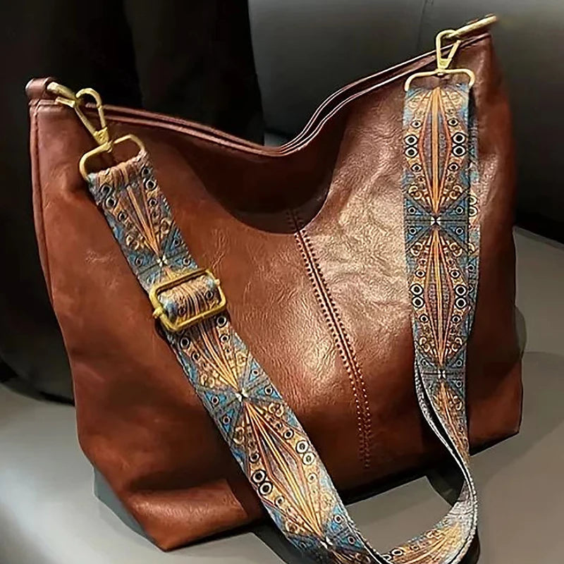 Women PU Leather Vintage Solid Color High-Capacity Simple Wide Strap Bucket Crossbody Bag