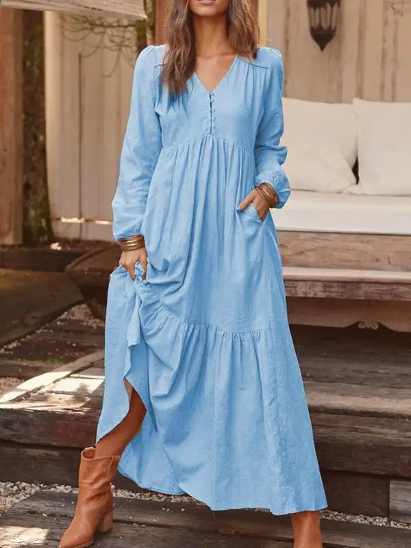 Women’s Cotton Linen Button-Up Dress – Retro Long Sleeve Casual