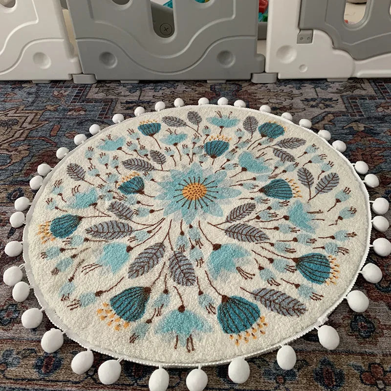 Boho Round Blue Floral Plush Carpet with Pompom Trim, 40–120cm