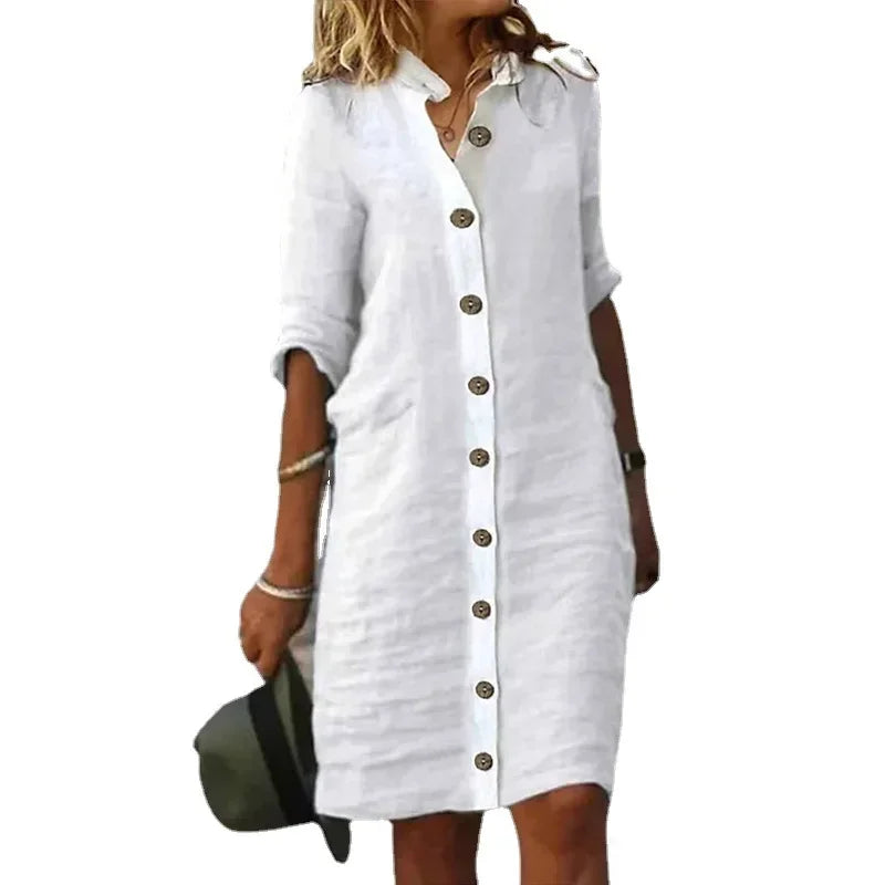 Women’s Solid Button-Up Long Sleeve Shirt Dress
