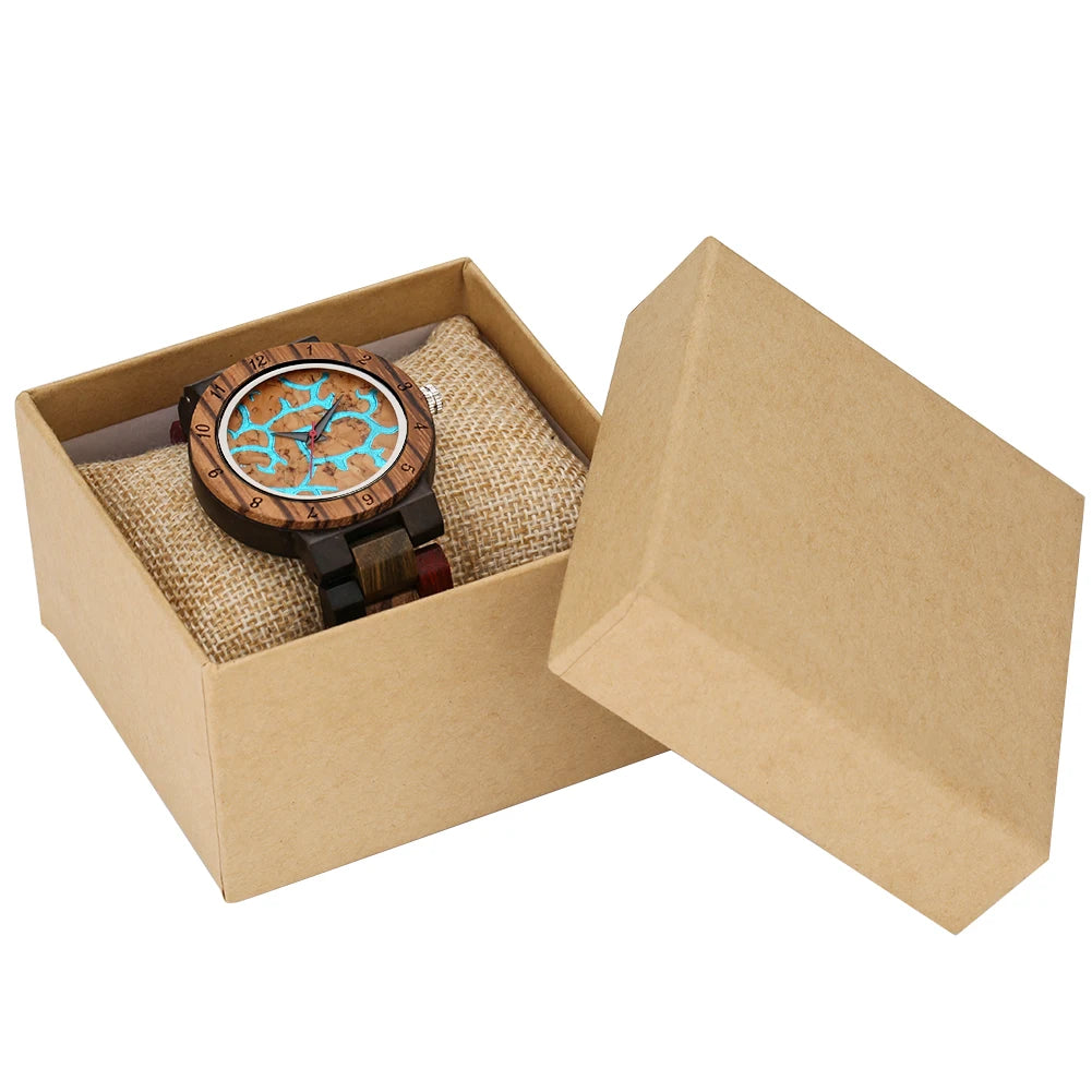 Women’s Wooden Quartz Watch – Blue Lava Dial with Mixed Color Band