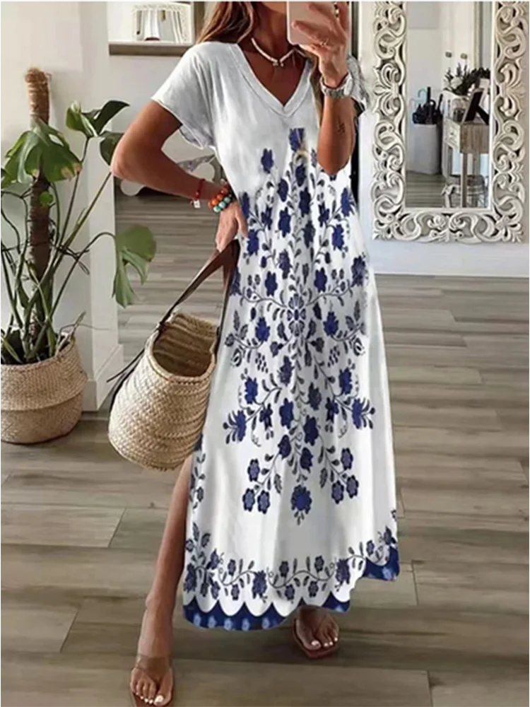 Women’s V-Neck Maxi Dress – Casual Solid Color with Pockets