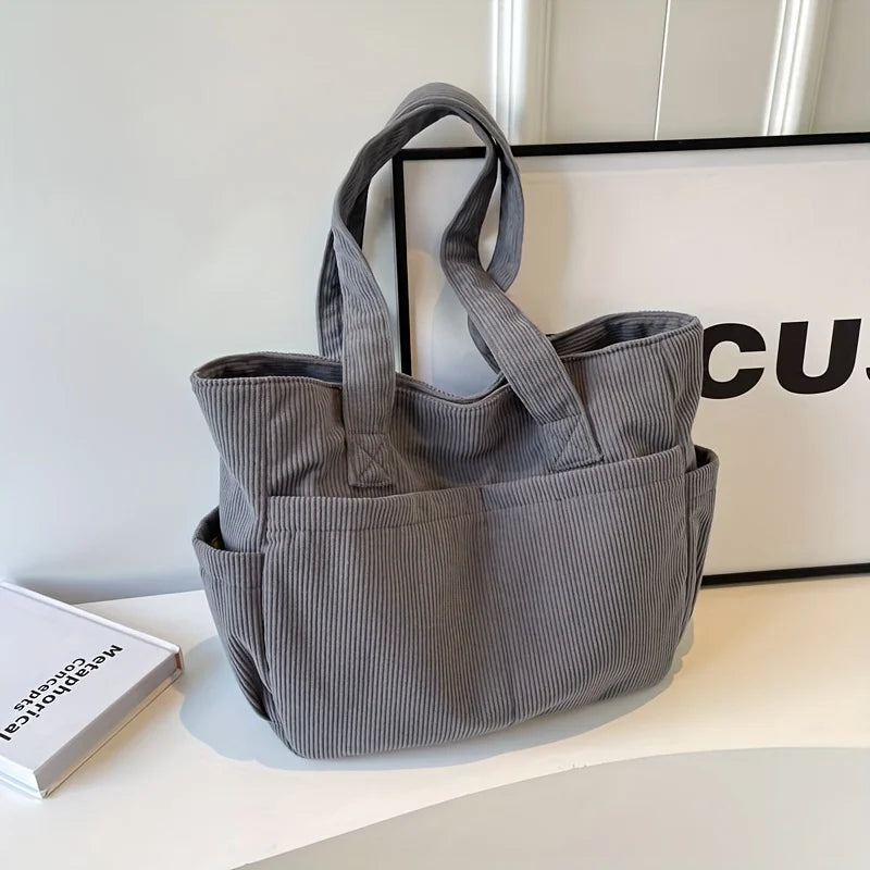 Women’s Corduroy Striped Tote Bag – Large Capacity Shoulder Handbag