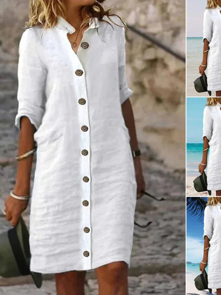 Women’s Solid Button-Up Long Sleeve Shirt Dress