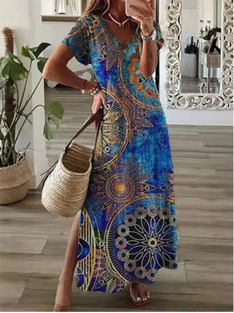 Women’s V-Neck Maxi Dress – Casual Solid Color with Pockets