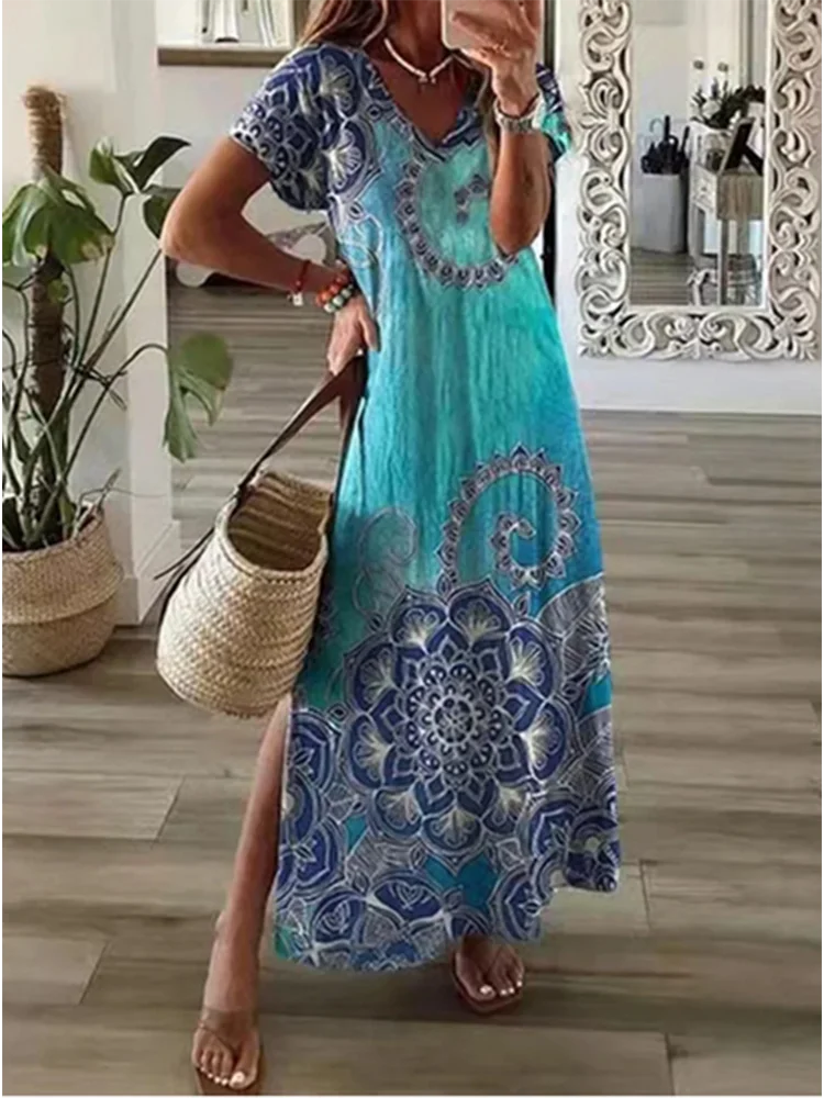 Women’s V-Neck Maxi Dress – Casual Solid Color with Pockets